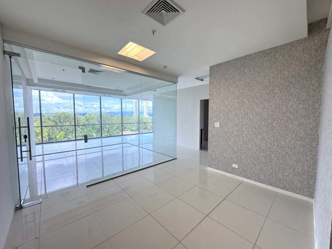 Reception desk area with clean minimalist style office in Costa del Este Business Park Tower Panama City