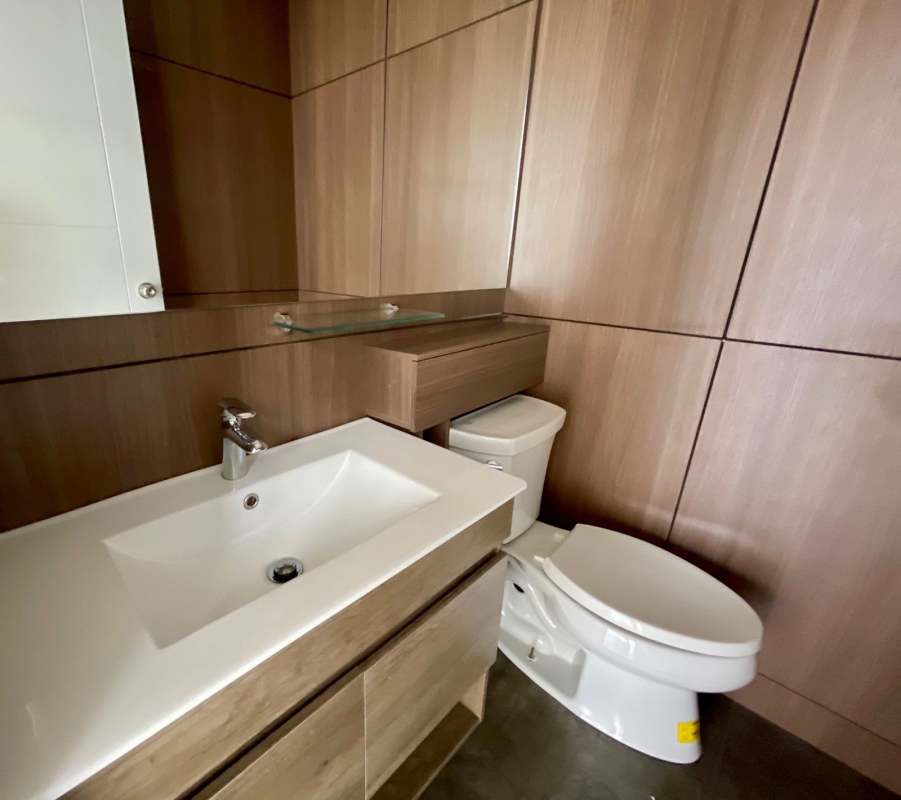 Modern bathroom with wooden panel walls vanity and glass shelf PH BICSA Tower Panama City
