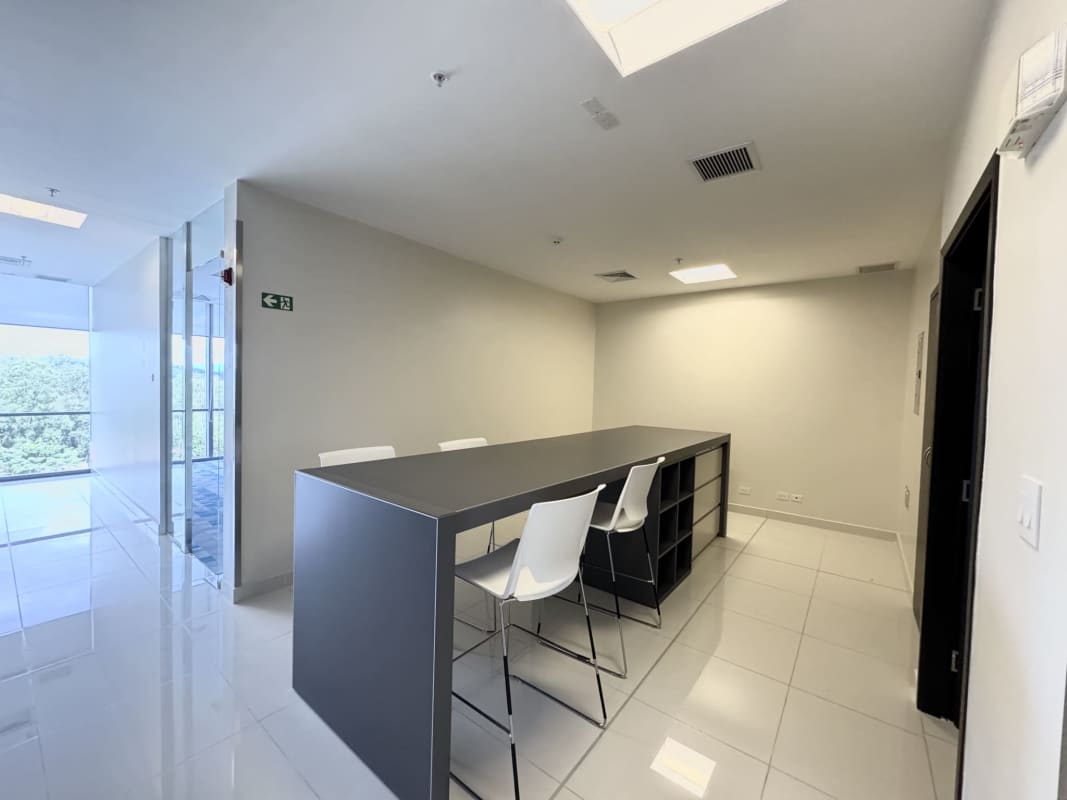 Employee break room with panoramic windows in office tower Costa del Este Panama