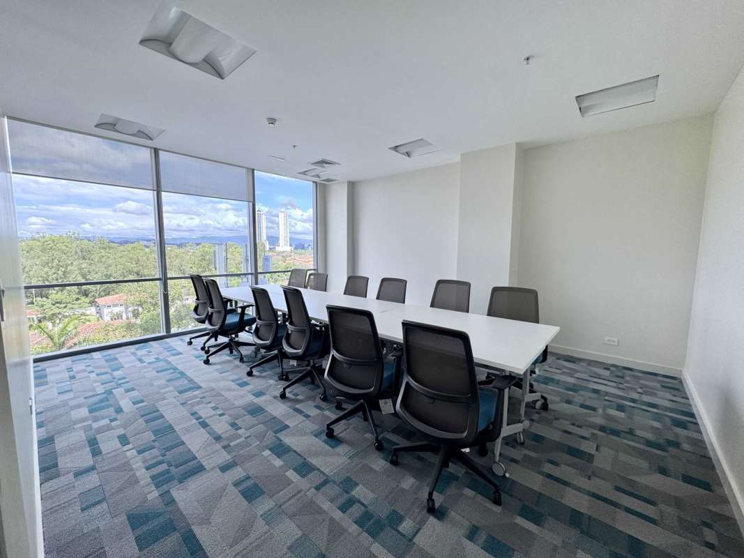 Modern conference room with large windows city view in office tower Costa del Este Panama