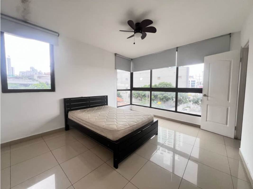 Covered rooftop terrace lounge with seating and city skyline views San Francisco Bay