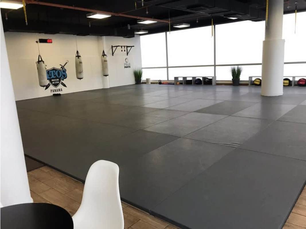 Martial arts gym with large training mat, punching bags, bright windows in BMW Center Costa del Este Panama