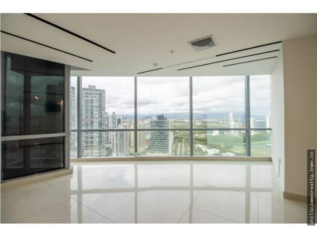 Bright office interior with city skyline view in Financial Tower corporate hub Costa del Este Panama