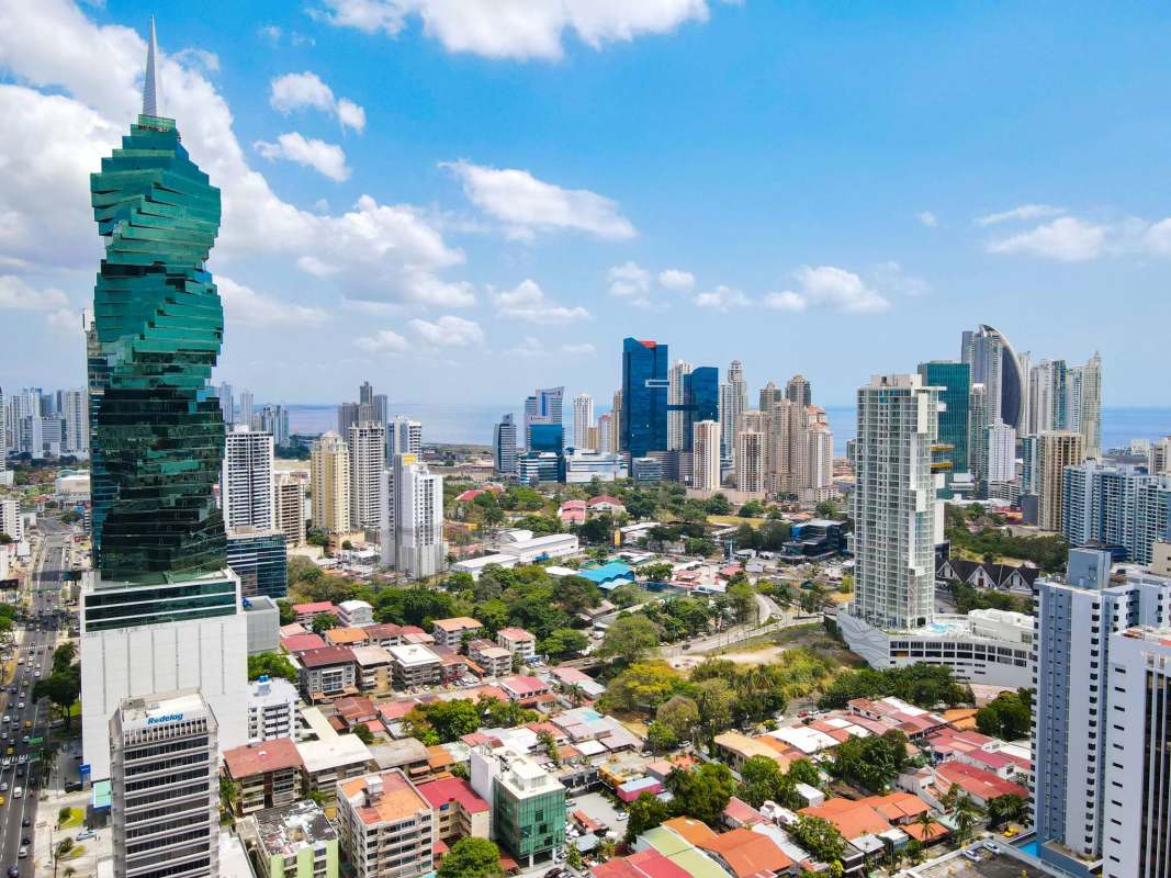 Modern skyline of Panama with iconic twisted skyscraper near commercial zone San Francisco
