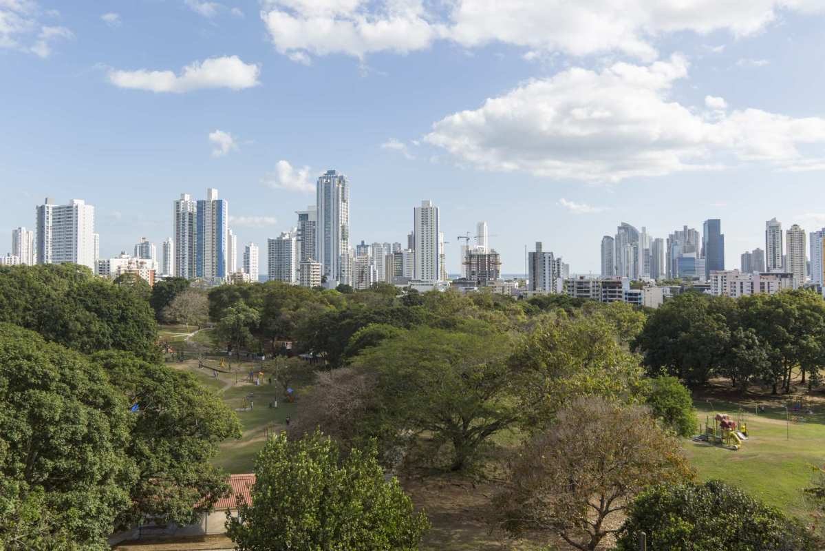 Skyline of Panama City near urban park close to the commercial land in San Francisco
