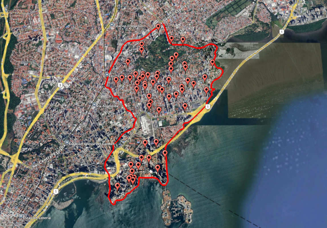 Satellite aerial image of commercial corridor with property plots outlined San Francisco Panama