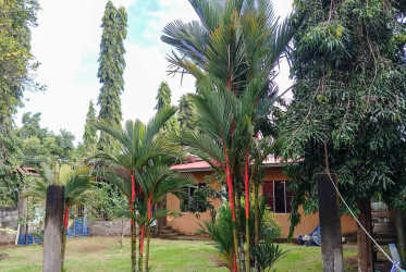 Tropical house with red roof and garden trees in Los Algarrobos Chiriquí