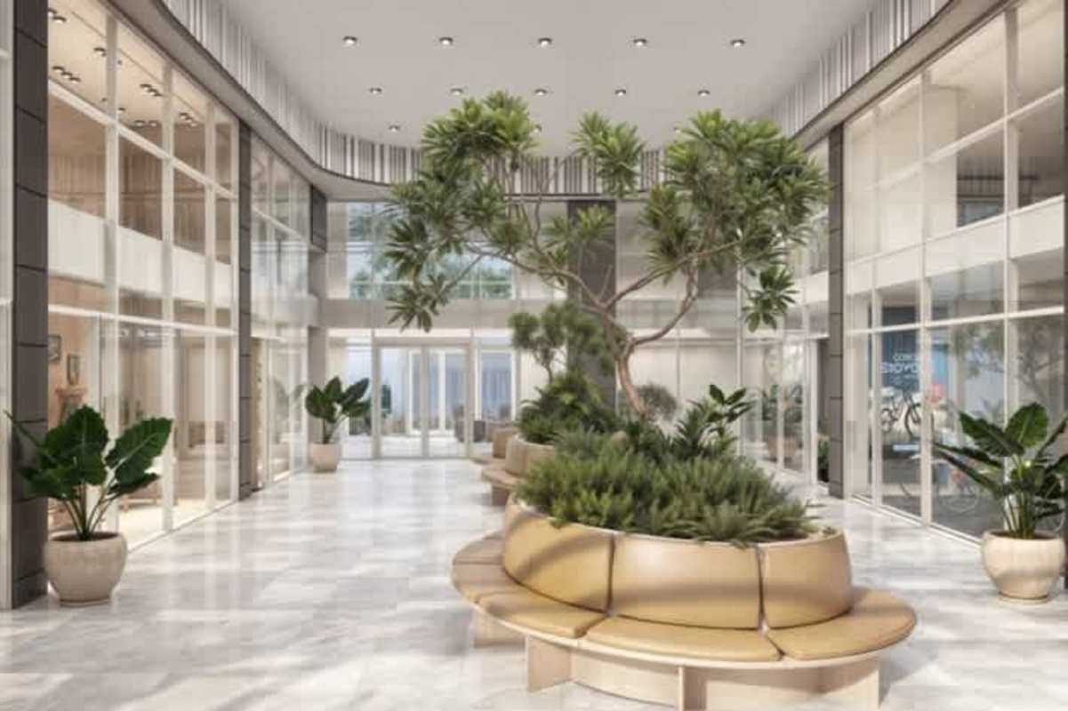 Modern minimalist bedroom with platform bed, built-in shelving, pendant lighting in Bella Vista Edge