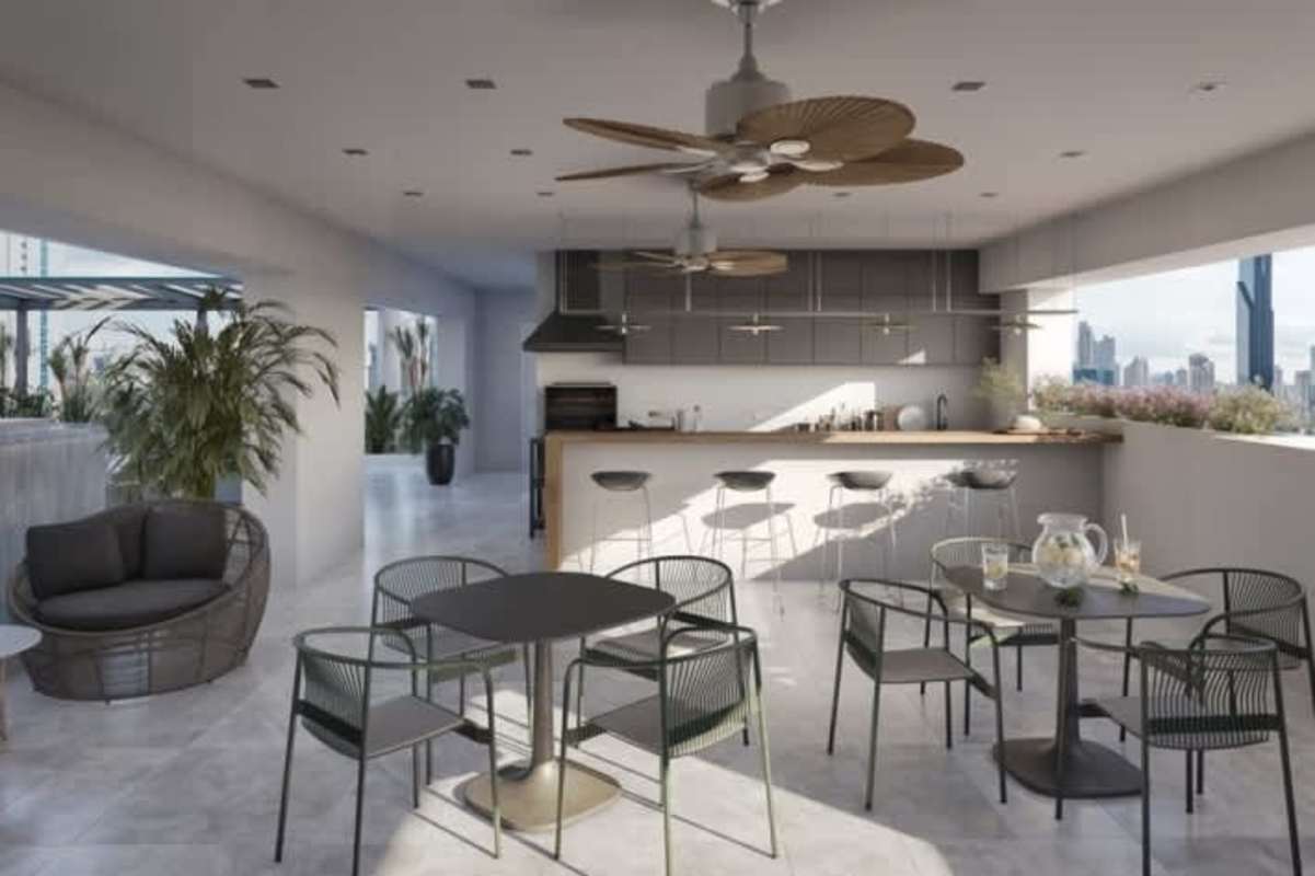 Luxury rooftop terrace with lounge areas, outdoor TV, giant chessboard in Bella Vista Edge Panama