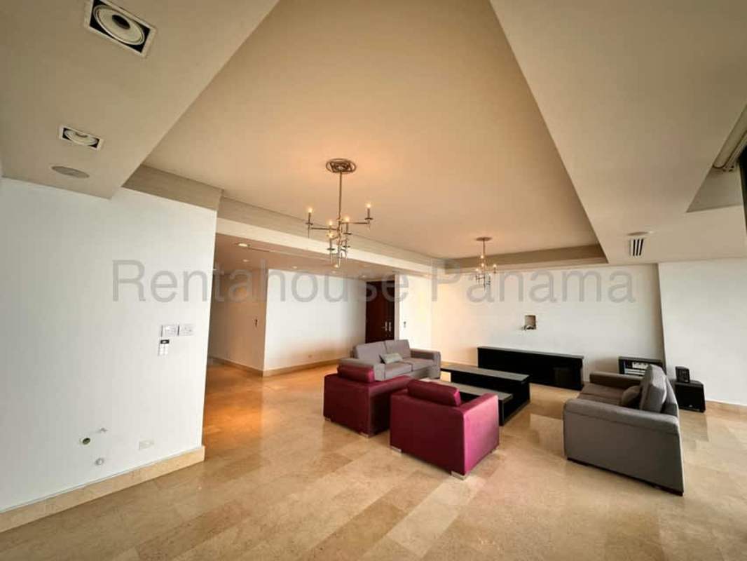 Luxury kitchen with island, marble, custom cabinetry in Oceania penthouse Costa del Este Panama