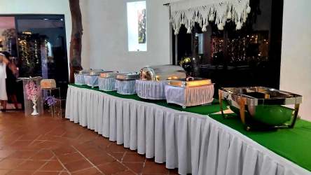 Banquet hall with buffet table and serving dishes event space at beach villa Panama