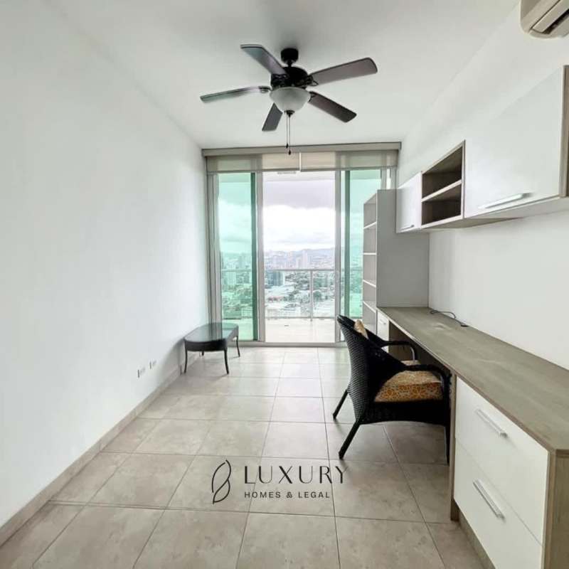 Home office or family den with panoramic windows in luxury duplex penthouse PH Mystic Point Punta Pacifica Panama