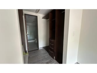 Custom walk-in closet with built-in dark wood cabinetry in PH Mosaic Panama Pacifico apartment