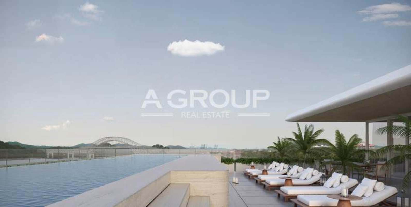 Infinity rooftop pool with panoramic ocean, Bridge of the Americas and skyline views in Nautilus Amador Panama City