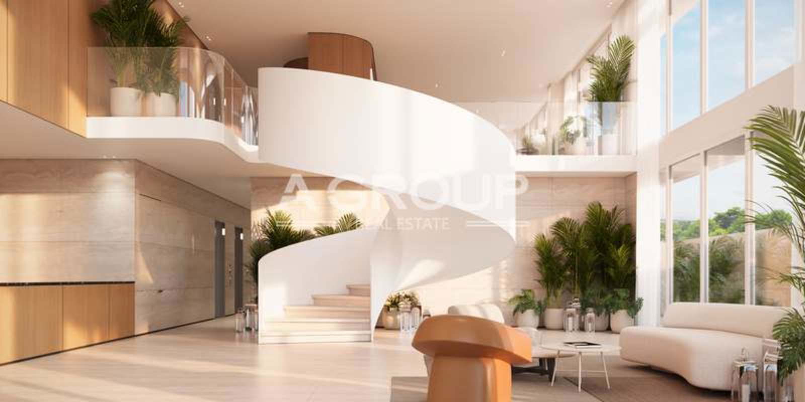 Stylish lounge with green chairs, beige sofas, wooden bar, panoramic windows in Nautilus Amador