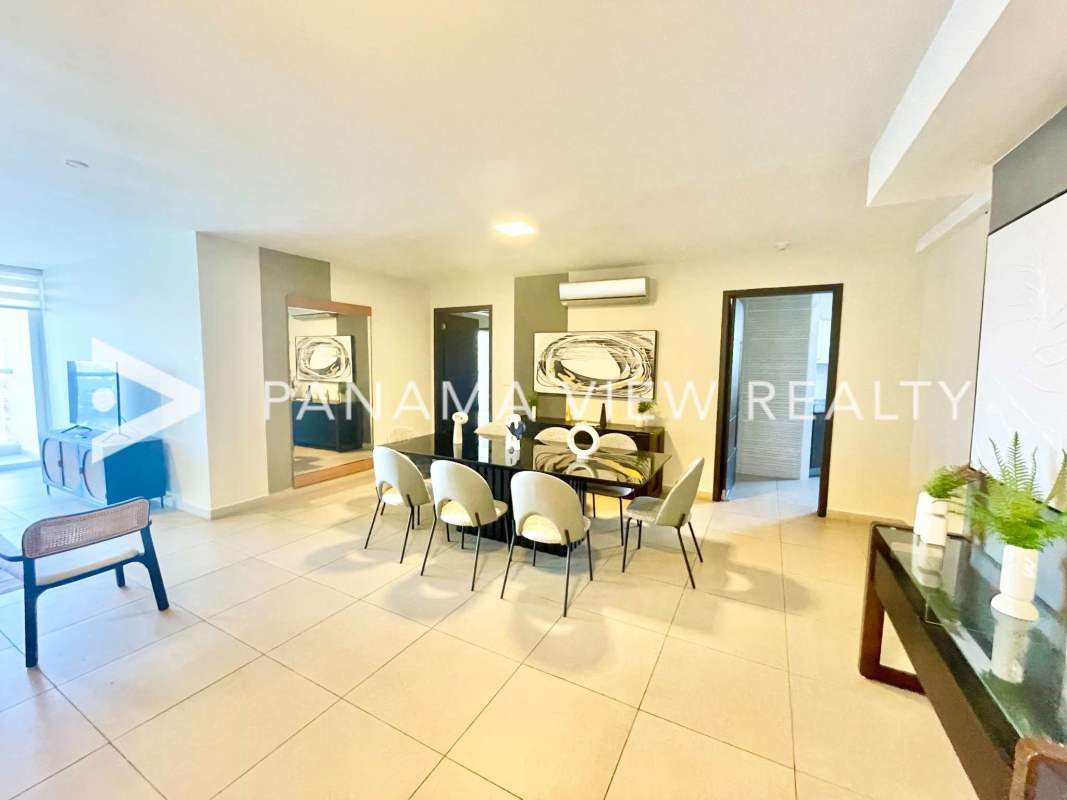 Luxury apartment balcony with glass doors and skyline views in PH Country Club Costa del Este Panama