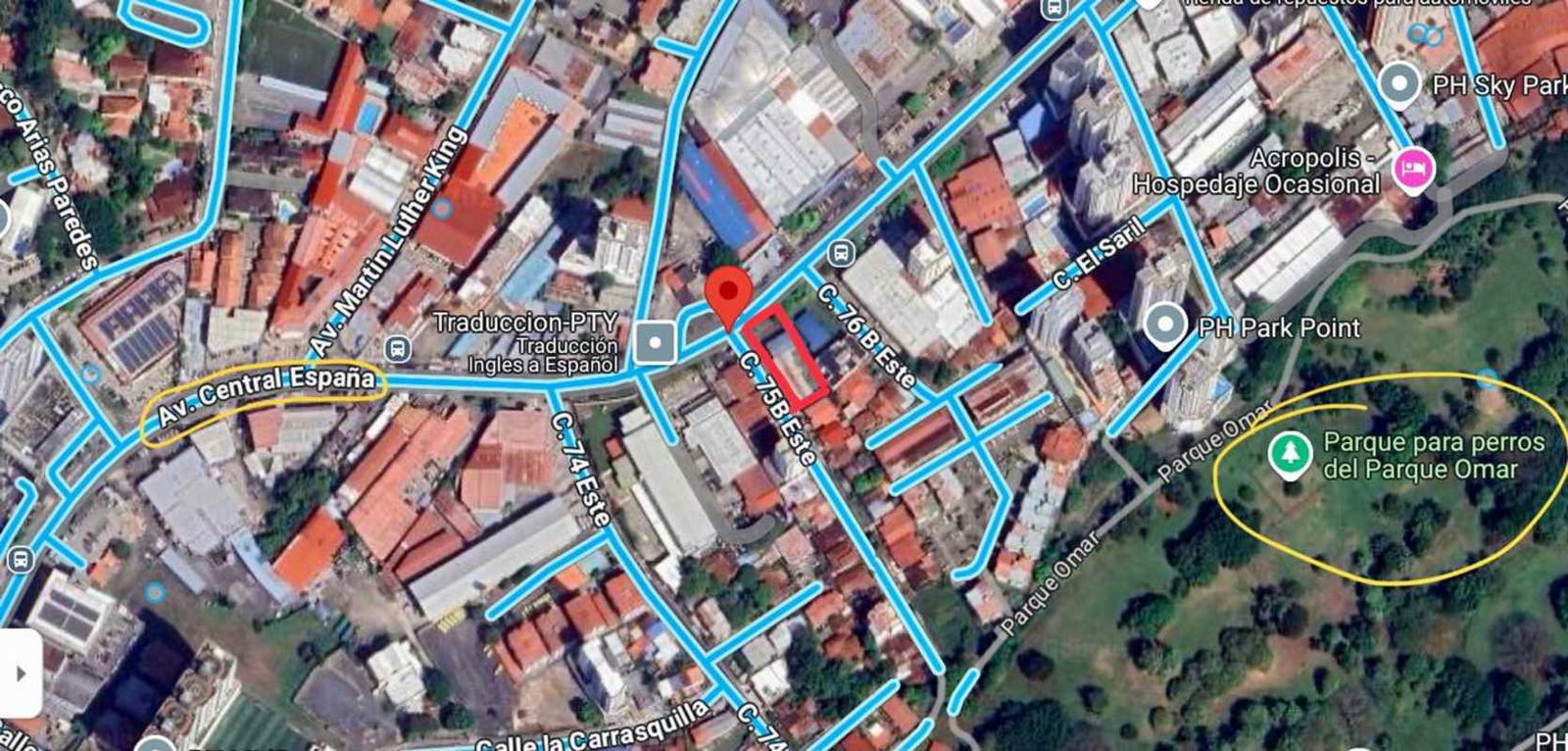 Aerial map of Carrasquilla neighborhood and property boundary near Via España and Parque Omar