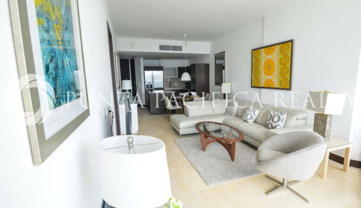 Luxury bathroom with glass shower and marble finishes in Punta Pacifica condo The Ocean Club Panama