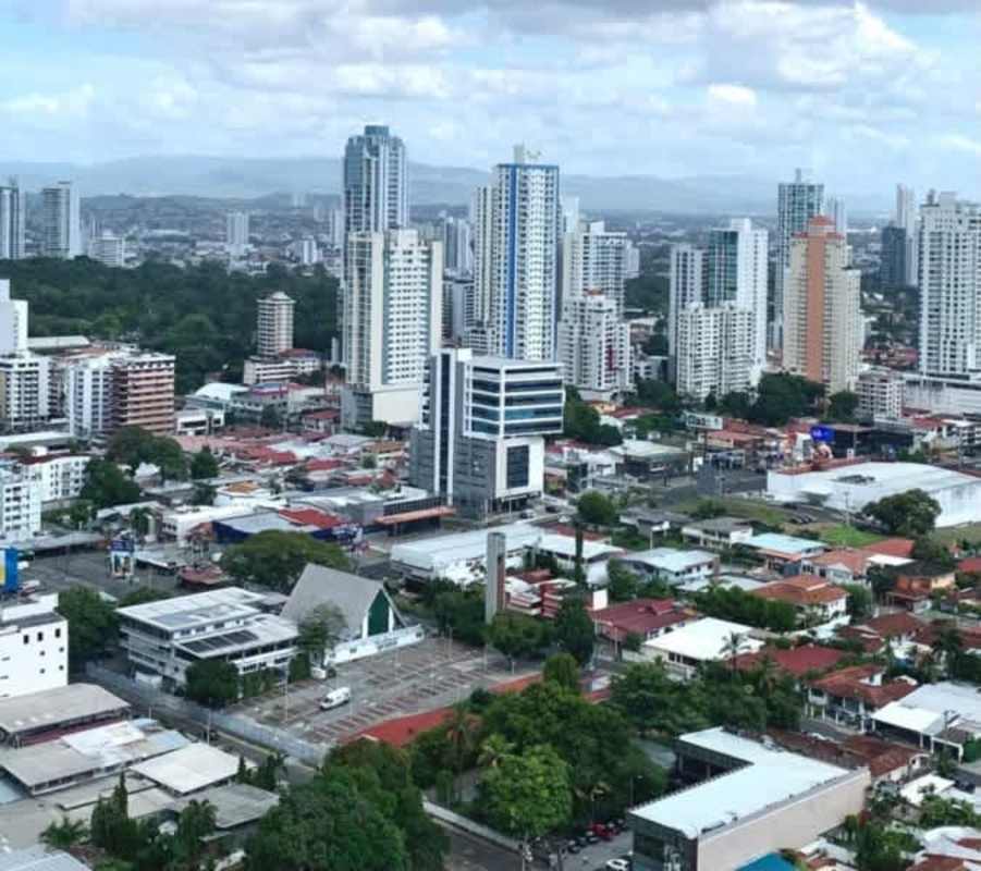Aerial view San Francisco Panama City commercial area near Plaza Morica business property for sale