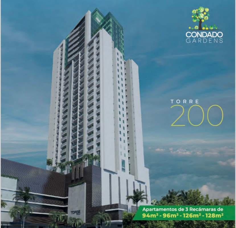 High-rise facade of PH Condado Gardens Tower 200 with balconies and palm trees in Condado del Rey Panama City