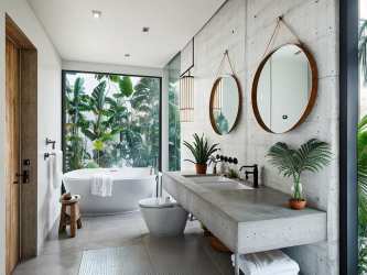 Luxury bathroom with freestanding tub, double sinks, jungle view window in Sanctuary Gardens near Venao Panama