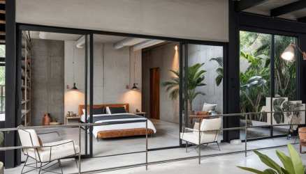 Tropical landscape at sunset with ocean and mountains in Sanctuary Gardens Pedasí Panama