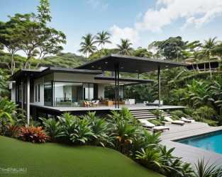 Contemporary tropical home with large windows, outdoor patio, lush garden and swimming pool in Sanctuary Gardens Panama