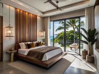 Master bedroom with ocean view terrace access, tropical decor in Sanctuary Gardens Panama