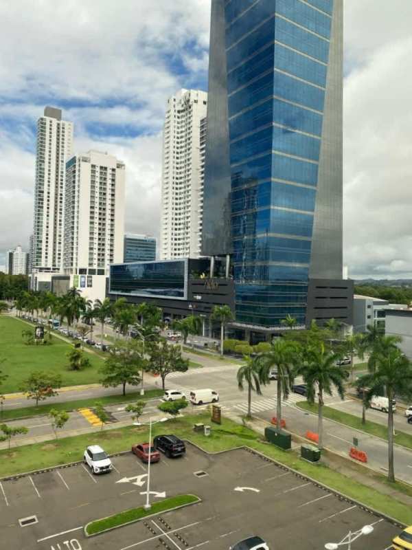 Urban skyline with glass towers, palm trees, parking lot and green lawn in Costa del Este Panama
