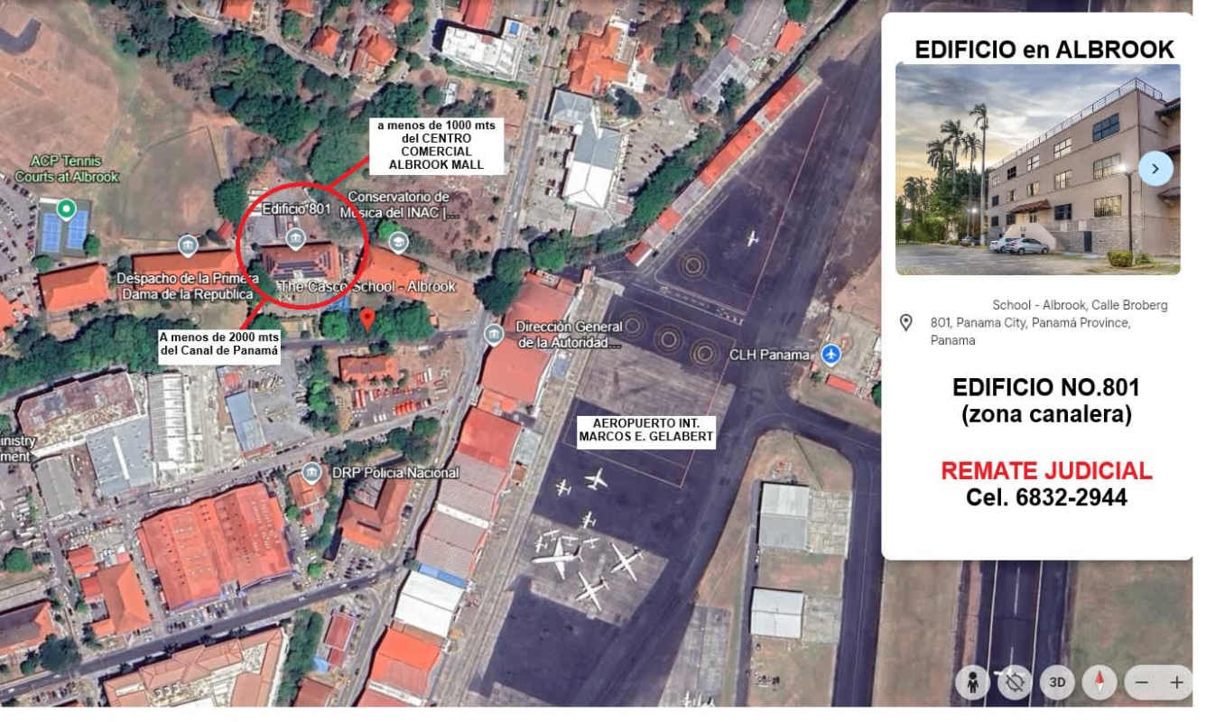 Aerial satellite map pinpointing commercial building near Panama City Albrook Airport for sale