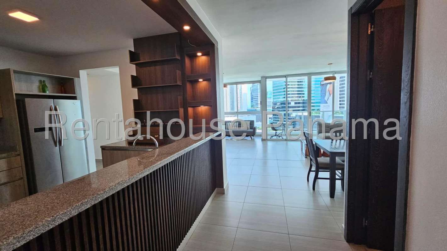 Balcony with glass railing panoramic ocean skyline view PH Metropolitan One Panama City