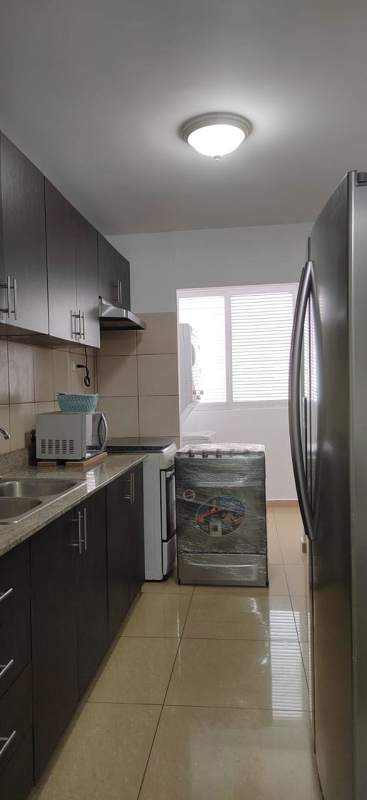 Equipped kitchen in apartment with granite counters, dark wood cabinetry, stainless appliances PH Urbis Tower Panama City