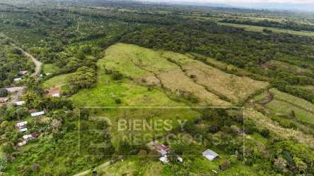 Panoramic aerial of countryside farm with green grass, grazing land, mountain background in Santa Rita Chiriquí Panama