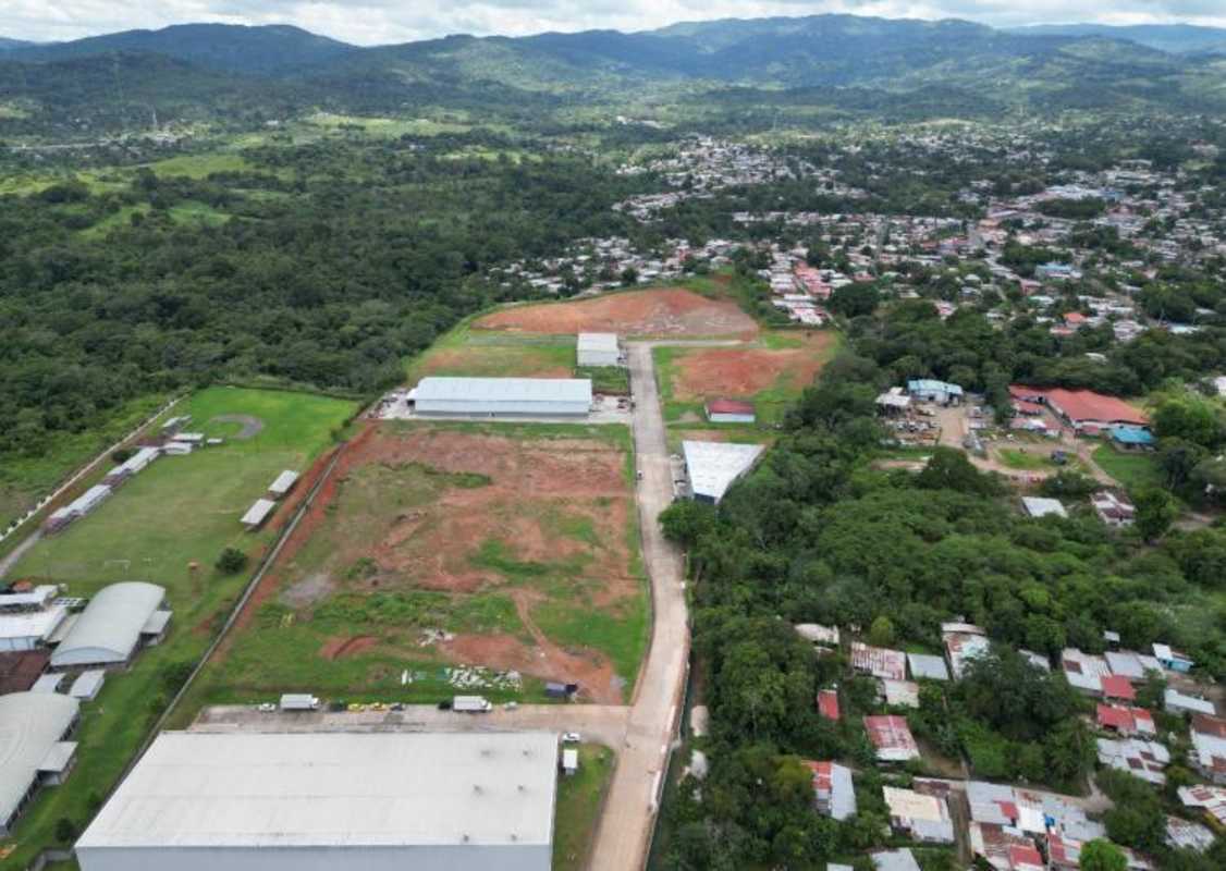 Aerial view industrial complex lots warehouses proximal to airport Panama