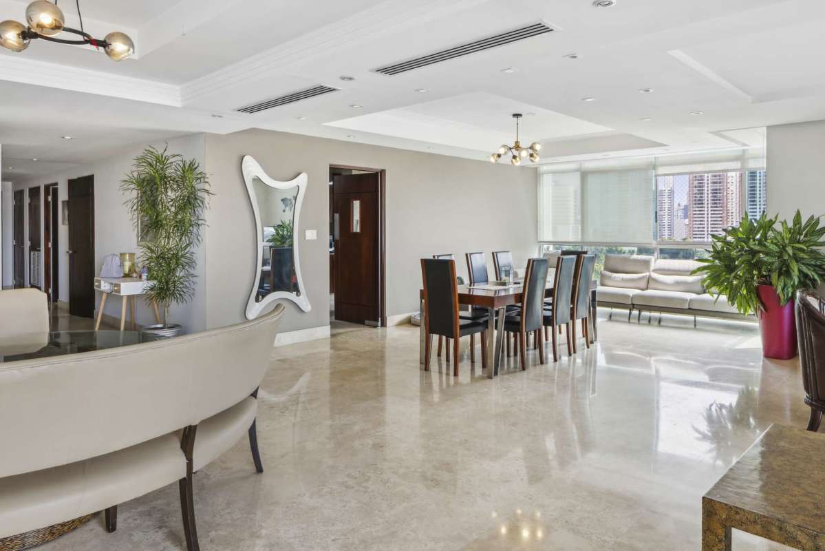 Modern open plan living dining with marble floors in PH The Towers San Francisco Panama City