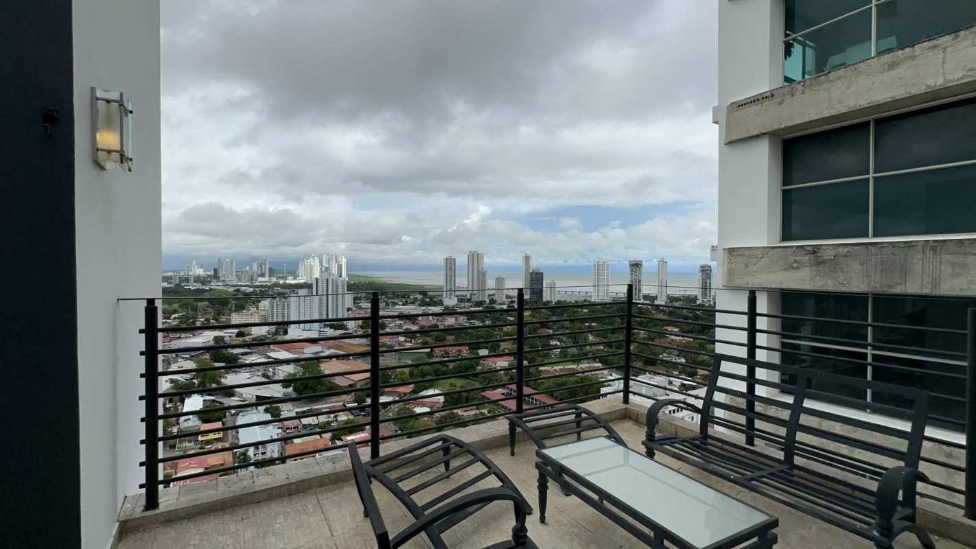 Balcony in luxury penthouse with panoramic city and ocean views in Altos del Golf Panama