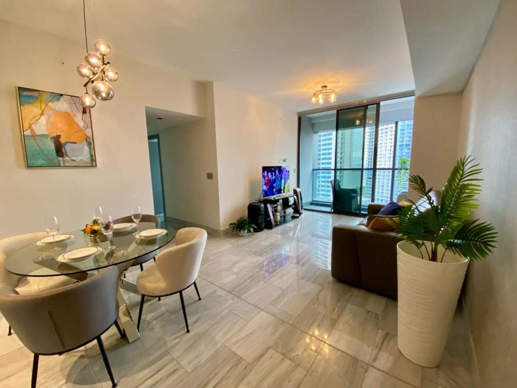 Modern kitchen with marble counters and premium appliances at Nuovo Armani in Panama