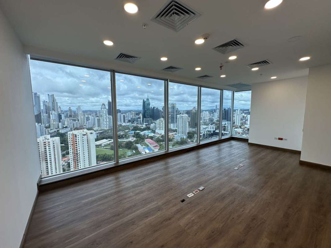 Modern minimalist office suite divided by glass walls Punta Pacifica