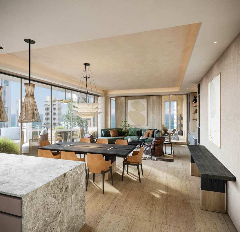 Contemporary open-plan interior with marble island, floor-to-ceiling glass and views PH Madero Panama