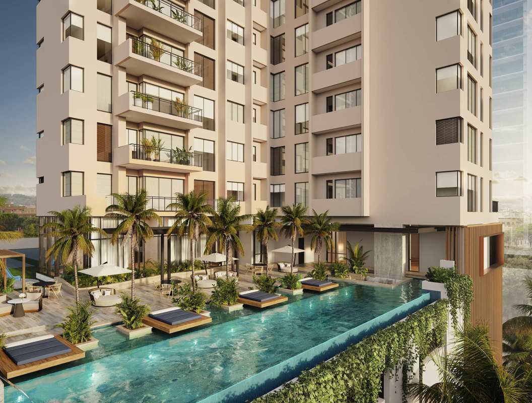 PH Madero high-rise condominium with swimming pool and tropical landscaping Panama City