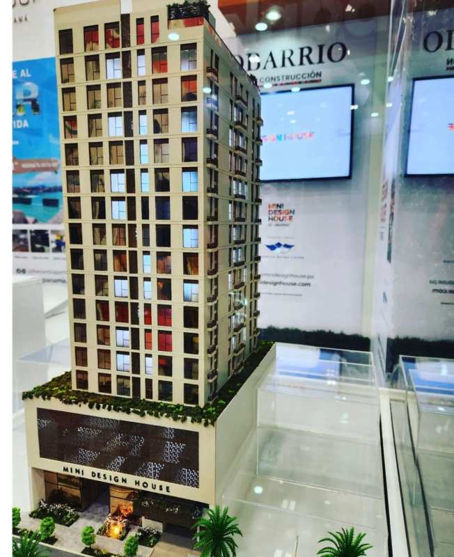 Scale architectural model of Mini Design House high-rise tower with retail base and balconies in Obarrio Panama