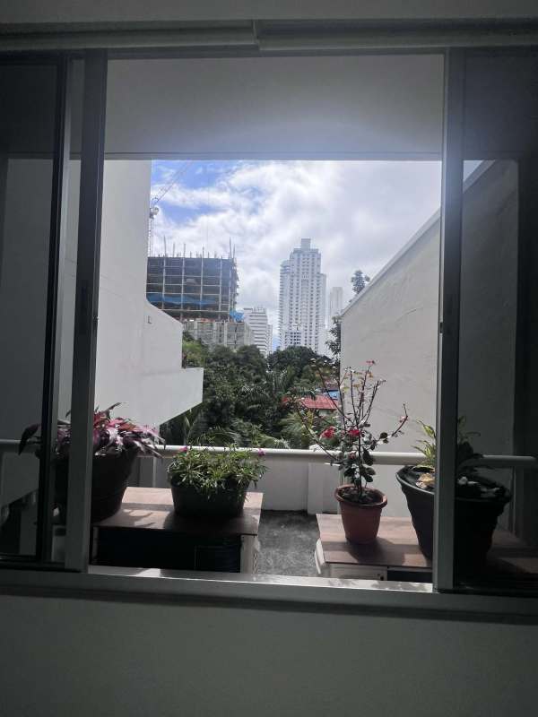 Apartment window showing balcony with potted plants and skyline San Francisco Bay Panama