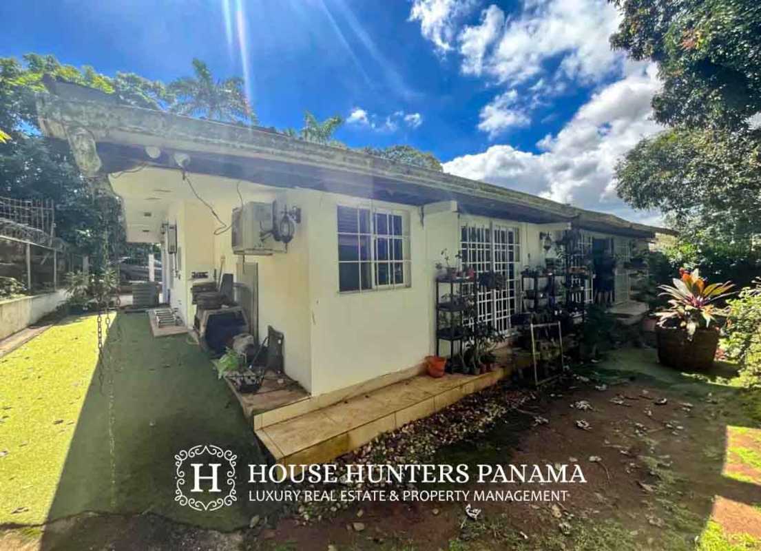 Formal dining room with wood furniture and rustic ceiling in Llanos de Curundu house