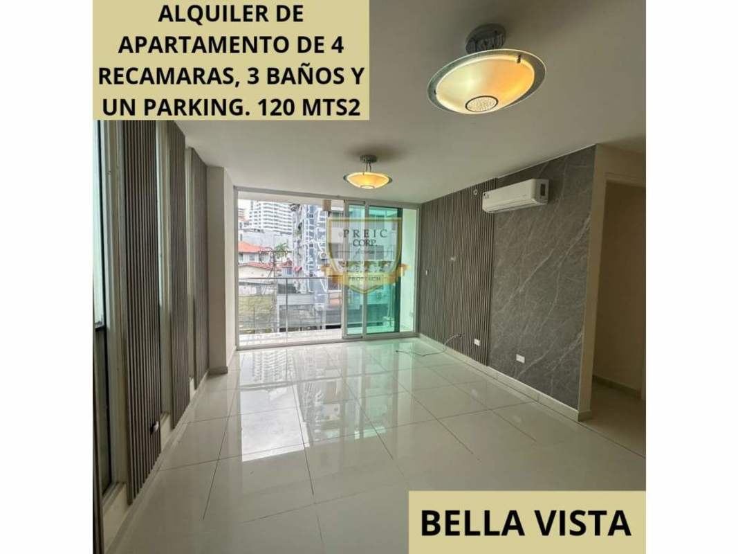 Spacious living room with large windows, balcony access and tiled floors in Bella Vista, Panama