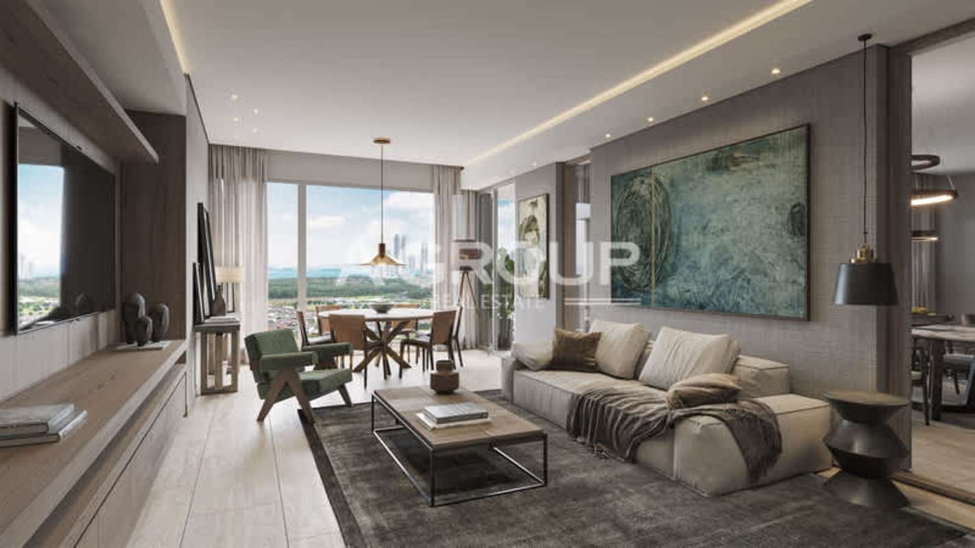 Open-concept living dining with large windows city view PH Guayacan Panama
