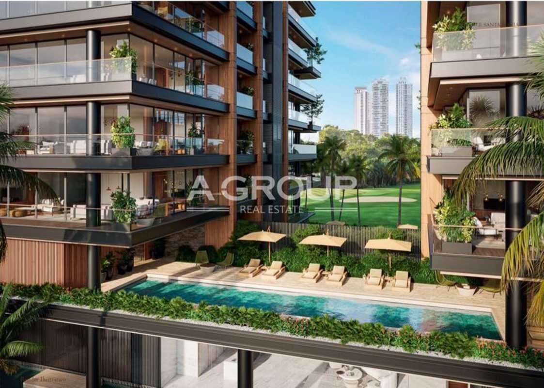 Modern luxury condo tower with floor-to-ceiling windows, glass balconies, lush landscaping in Santa María Panama