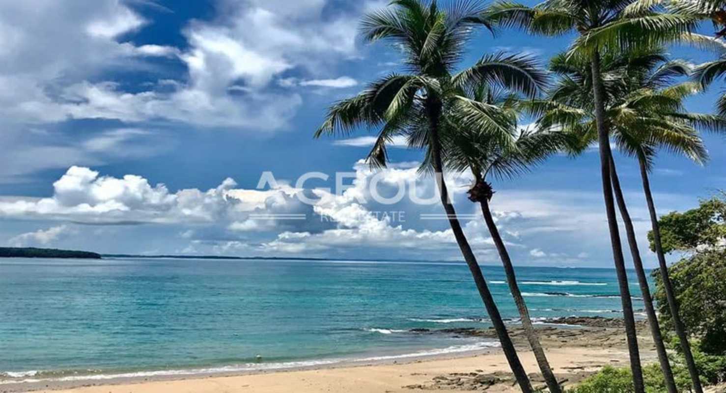 Clear turquoise waters meet white sands lined with palm trees on Isla Contadora Panama