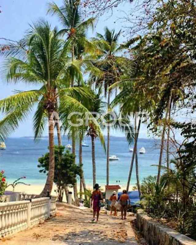 Palm-lined walkway towards white sand beach with boats anchored and ocean view Isla Contadora Panama