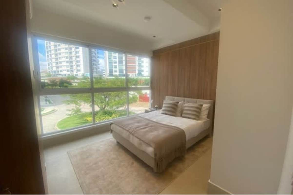 Luxury bathroom with double sink vanity, glass shower in Santa Maria Panama apartment