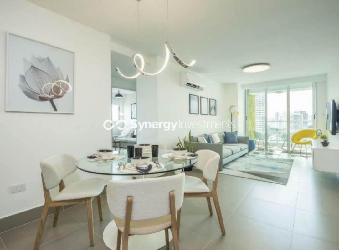 Furnished master bedroom with AC, closet, balcony views in Bella Vista high floor apartment Panama